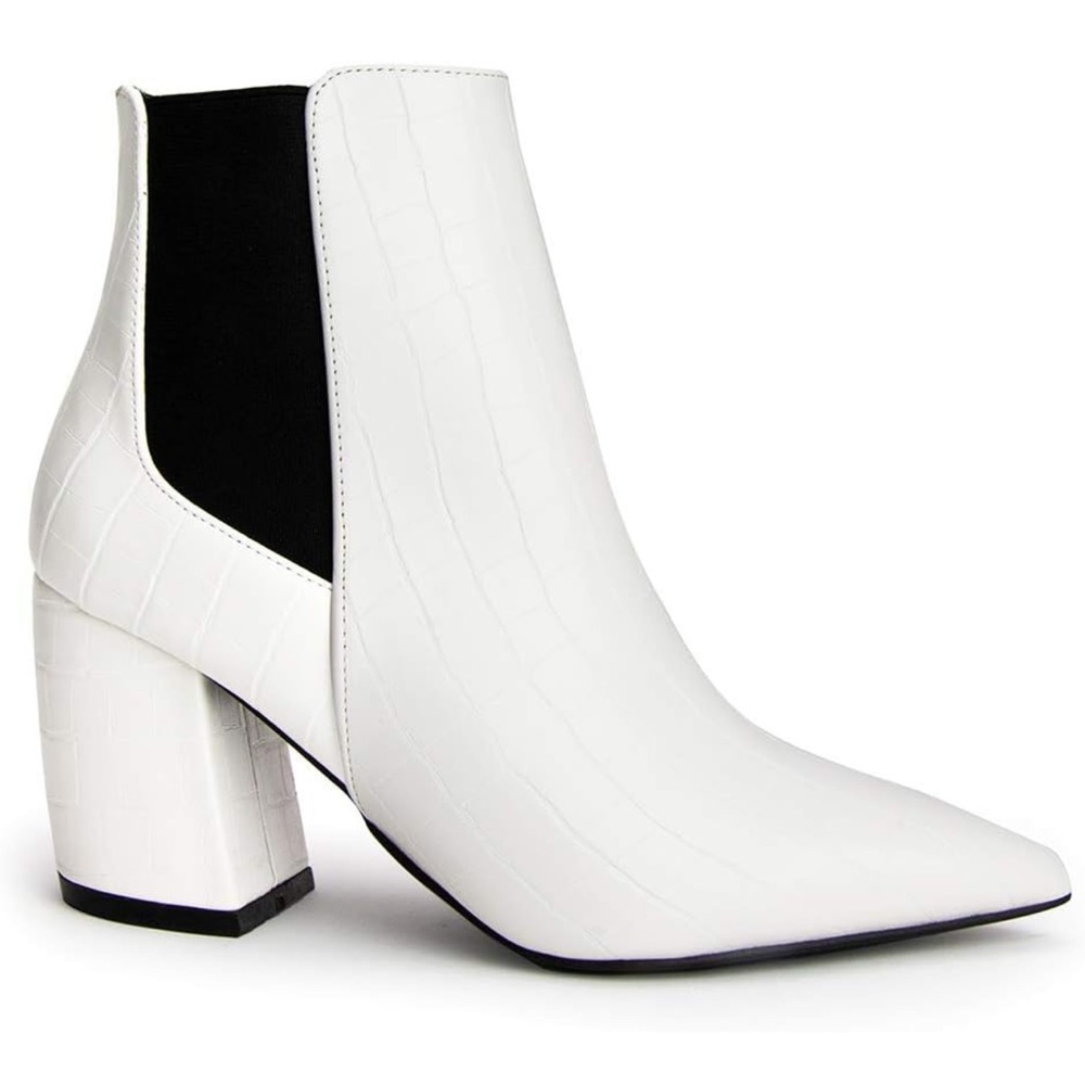 Qupid White Faux Croc Block Heel Ankle Chelsea Boots Size 8